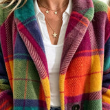 Plaid Fleece Jacket with Lapel Collar and Button Front