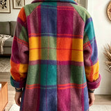 Plaid Fleece Jacket with Lapel Collar and Button Front