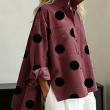 Oversized Polka Dot Denim Blouse with Chest Pockets and Side Slits