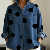 Oversized Polka Dot Denim Blouse with Chest Pockets and Side Slits