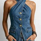 Denim Halter Top with Button Front and Flap Pockets