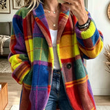 Plaid Fleece Jacket with Lapel Collar and Button Front