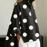 Oversized Polka Dot Denim Blouse with Chest Pockets and Side Slits