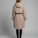 Hooded Trench Coat with Zip Front and Plaid Trim
