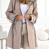 Hooded Trench Coat with Zip Front and Plaid Trim