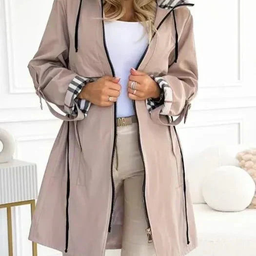Hooded Trench Coat with Zip Front and Plaid Trim