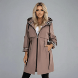 Hooded Trench Coat with Zip Front and Plaid Trim