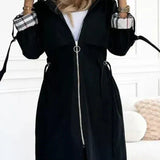 Hooded Trench Coat with Zip Front and Plaid Trim