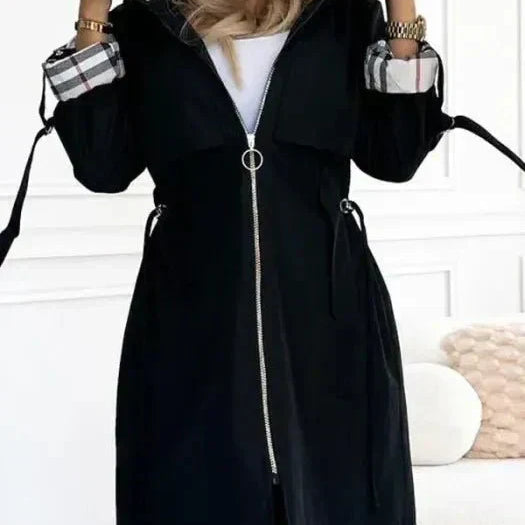 Hooded Trench Coat with Zip Front and Plaid Trim