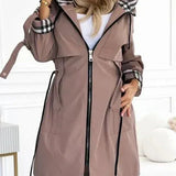 Hooded Trench Coat with Zip Front and Plaid Trim