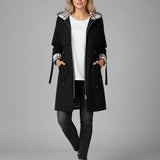 Hooded Trench Coat with Zip Front and Plaid Trim