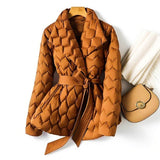 Belted Quilted Puffer Jacket with Lapel Collar and Long Sleeves