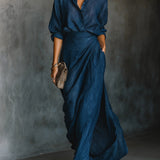 Button-Front Shirt and Wrap Skirt Set with Side Slit