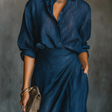 Button-Front Shirt and Wrap Skirt Set with Side Slit