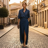 Button-Front Shirt and Wrap Skirt Set with Side Slit