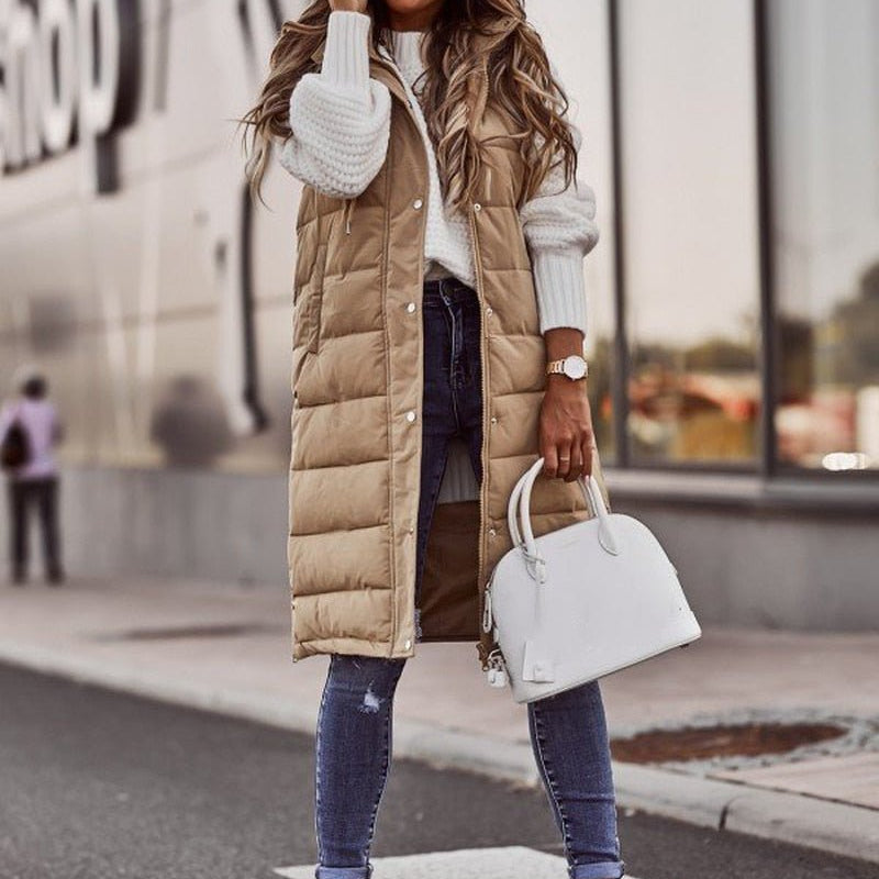 Long Hooded Puffer Vest with Zip Front