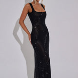 Bodycon Rhinestone Maxi Dress with Square Neck