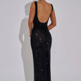 Bodycon Rhinestone Maxi Dress with Square Neck