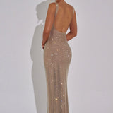 Bodycon Rhinestone Maxi Dress with Square Neck