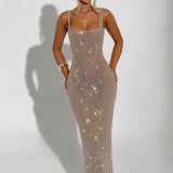 Bodycon Rhinestone Maxi Dress with Square Neck