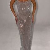Bodycon Rhinestone Maxi Dress with Square Neck