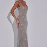Bodycon Rhinestone Maxi Dress with Square Neck