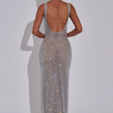 Bodycon Rhinestone Maxi Dress with Square Neck