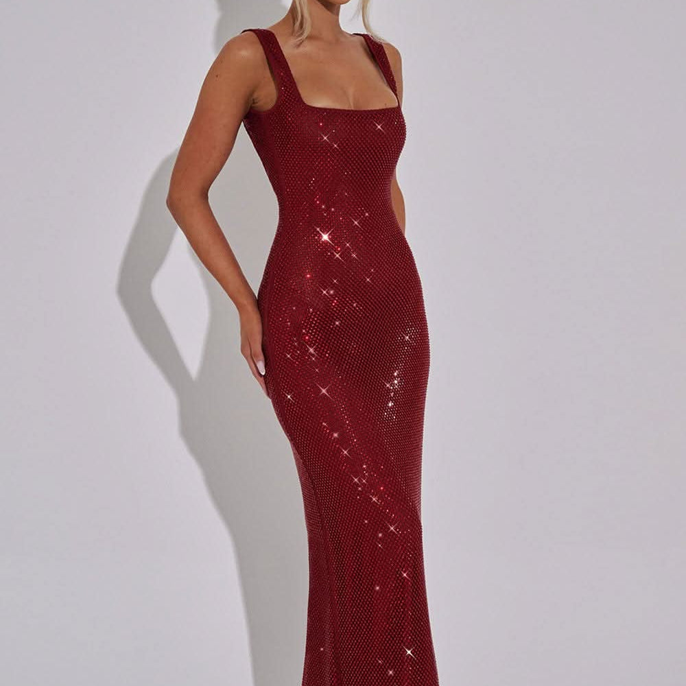 Bodycon Rhinestone Maxi Dress with Square Neck