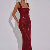Bodycon Rhinestone Maxi Dress with Square Neck