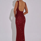 Bodycon Rhinestone Maxi Dress with Square Neck