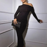 Off-Shoulder Ruched Glitter Maxi Dress