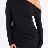 Off-Shoulder Ruched Glitter Maxi Dress
