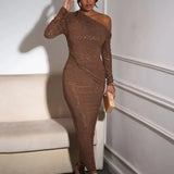 Off-Shoulder Ruched Glitter Maxi Dress