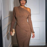 Off-Shoulder Ruched Glitter Maxi Dress