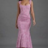 Corset Mermaid Maxi Dress Women Floral Ruched Wedding Guest Dress