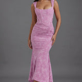 Corset Mermaid Maxi Dress Women Floral Ruched Wedding Guest Dress