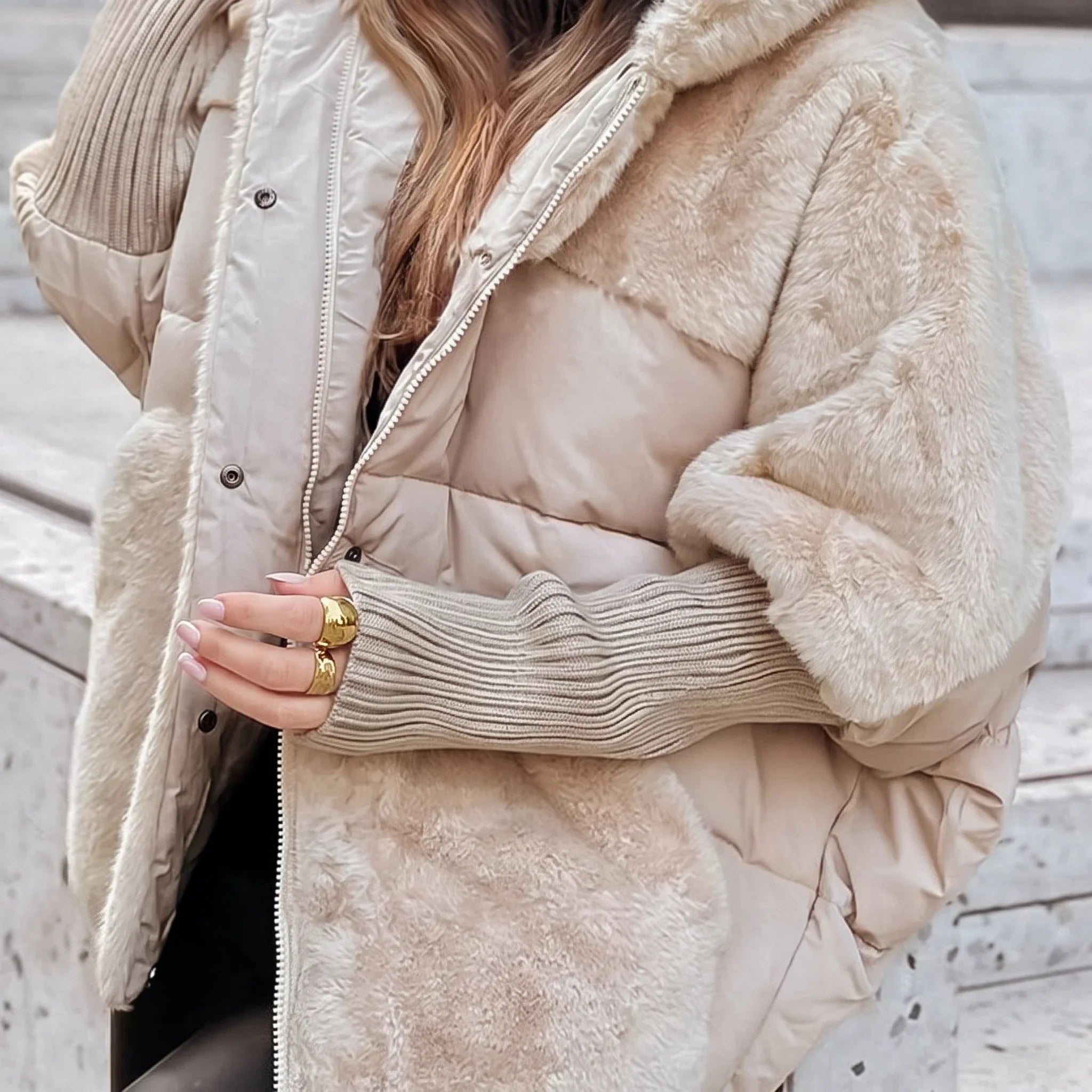 Women's Winter Jacket with Faux Fur-Look Panels and Hooded Zip Front