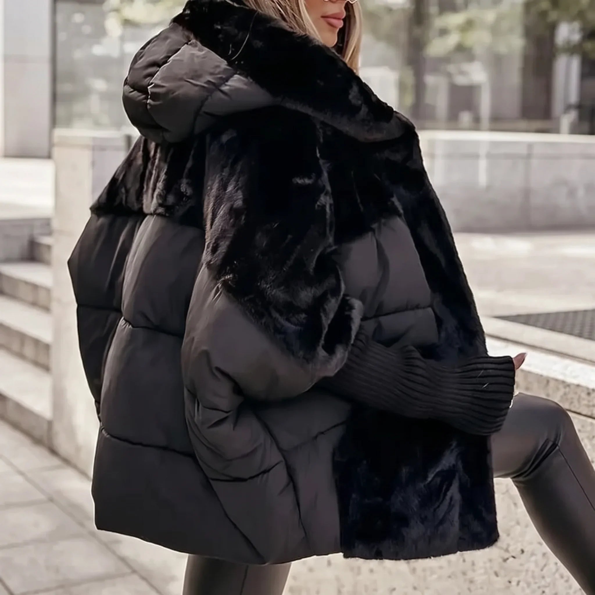 Women's Winter Jacket with Faux Fur-Look Panels and Hooded Zip Front