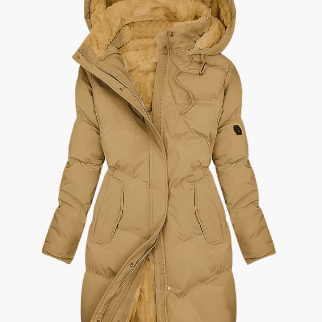 Hooded Puffer Coat with Sherpa-Lined Hood and Zip Front