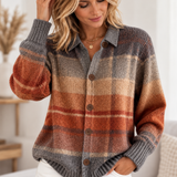 Women's Cardigans – Striped Knit Button Front Cardigan with Collared Neckline and Long Sleeves