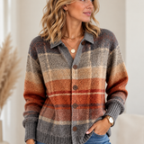 Women's Cardigans – Striped Knit Button Front Cardigan with Collared Neckline and Long Sleeves