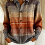 Women's Cardigans – Striped Knit Button Front Cardigan with Collared Neckline and Long Sleeves