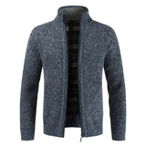 Textured Knit Zip Front Cardigan with Stand Collar and Ribbed Trim