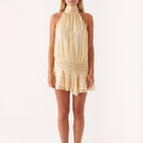 Halter Mini Dress with Pleated Waist and Ruffle Hem