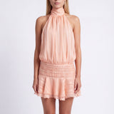 Halter Mini Dress with Pleated Waist and Ruffle Hem