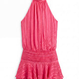 Halter Mini Dress with Pleated Waist and Ruffle Hem