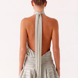 Halter Mini Dress with Pleated Waist and Ruffle Hem