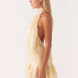 Halter Mini Dress with Pleated Waist and Ruffle Hem
