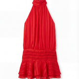 Halter Mini Dress with Pleated Waist and Ruffle Hem