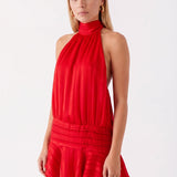 Halter Mini Dress with Pleated Waist and Ruffle Hem